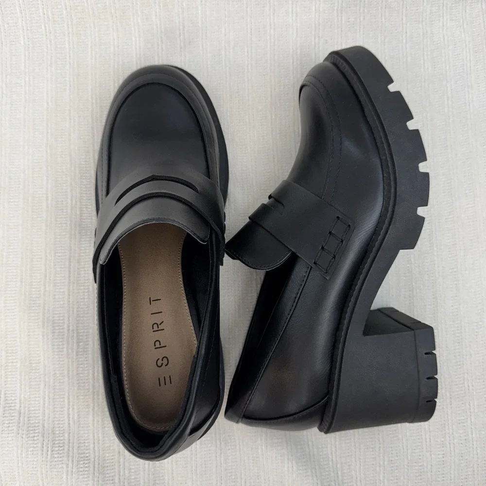 Esprit Platform Loafer Heels Womens 7.5 Black Chunky Lug Sole Slip On